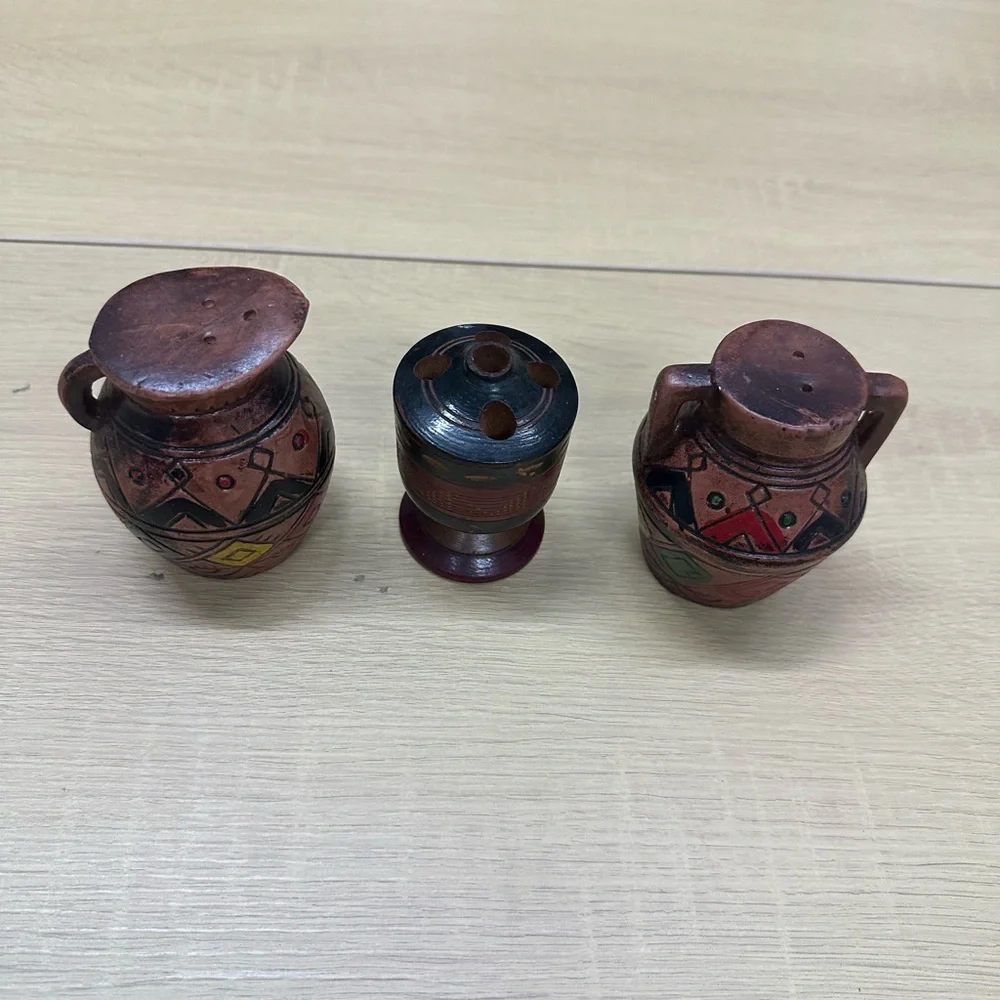 Native American Vintage Redware Salt and Pepper Shakers and Toothpick Holder EUC